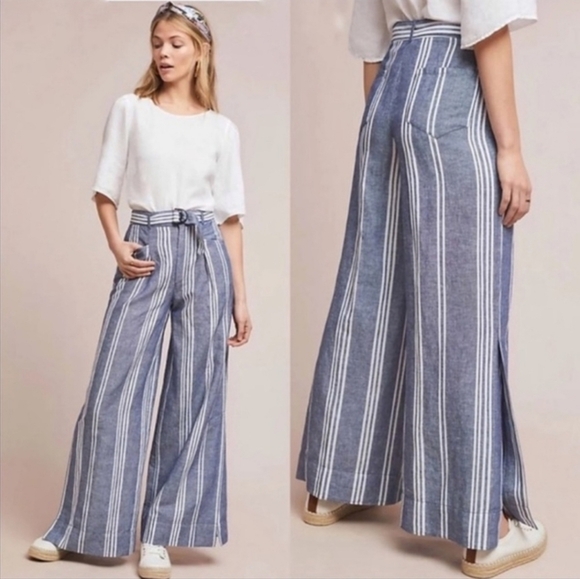 Anthropologie Pants - By Anthropologie Cotton & Linen Striped Wide Leg Side Slit Belted Pants Size 6
